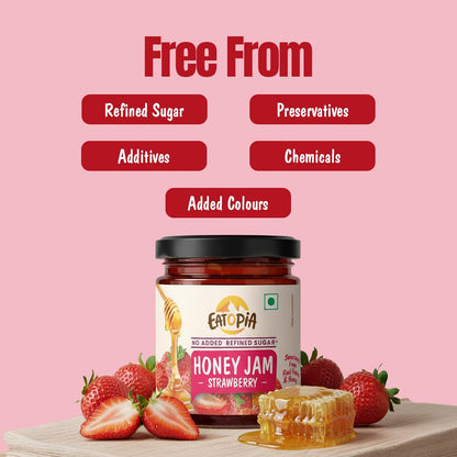 Eatopia Sugar Free Strawberry Honey Jam | 100% Pure & Natural | Healthy Jam for Kids & Adults | No Added Flavours & Preservatives | 70% Real Strawberries | Sweetness from Real Fruits & Honey | Pack of 1 | 240g
