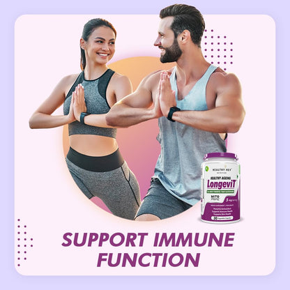 Two people in athletic wear with a supplement bottle labeled 'Longevit' on a gradient background.
