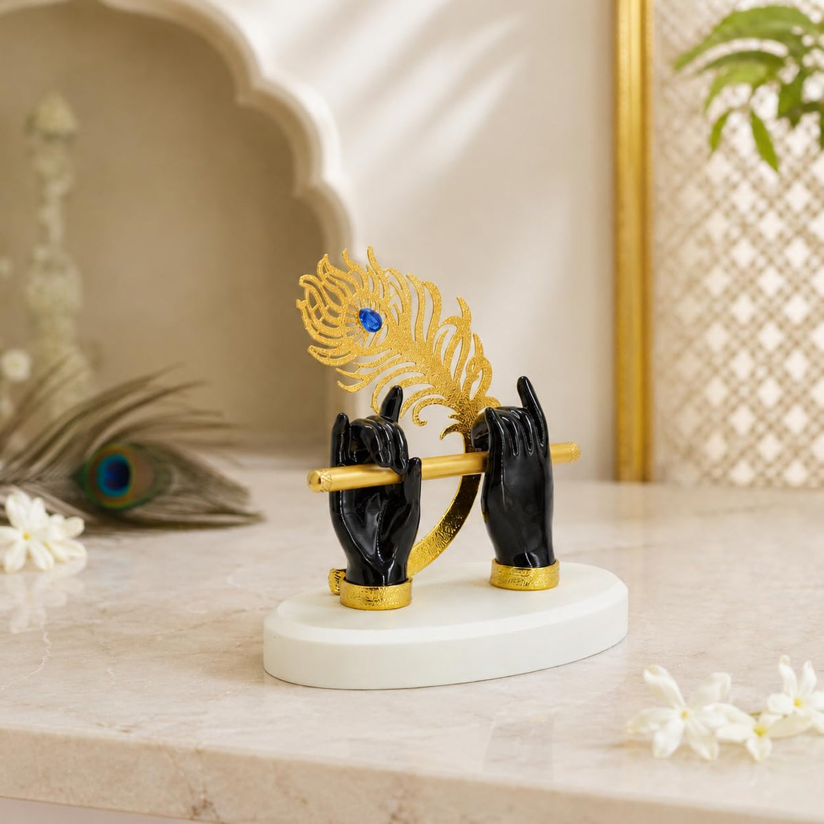Goldplated Krishna Black Hand with Flute Idol Peacock Feather Mor Pankh Showpiece,Housewarming Gift, Birthday Anniversary Wedding Janmashtami Gift, Home Decor Decoration Items for Living