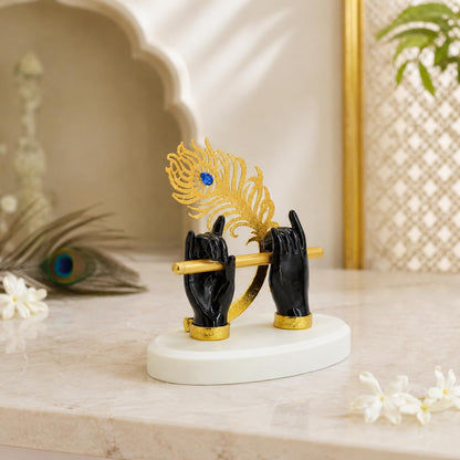 Goldplated Krishna Black Hand with Flute Idol Peacock Feather Mor Pankh Showpiece,Housewarming Gift, Birthday Anniversary Wedding Janmashtami Gift, Home Decor Decoration Items for Living