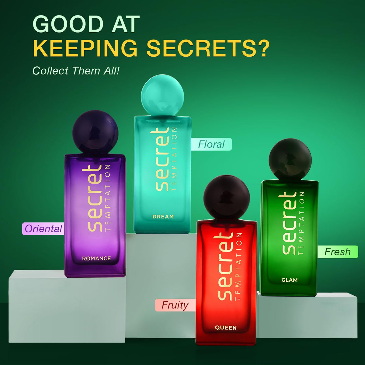 Five 'Secret Temptation' perfume bottles on a green background with text about keeping secrets.