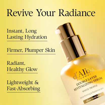 d'alba Piedmont Italian White Truffle Double Layer Revitalizing Serum, 100hr Hydration, Hyaluronic Acid and Centella Asiatica, Skin Firming and Tightening, Long-lasting Korean Skin Care, 30ml