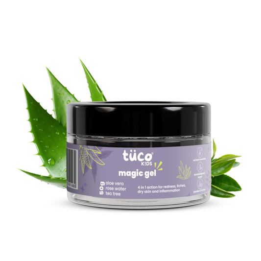 Jar of tüco Kids magic gel with aloe vera leaves on a white background