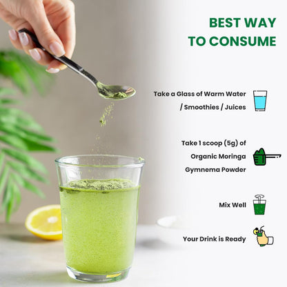 Person adding organic moringa gymnema powder to a glass of warm water with text on the best way to consume it.