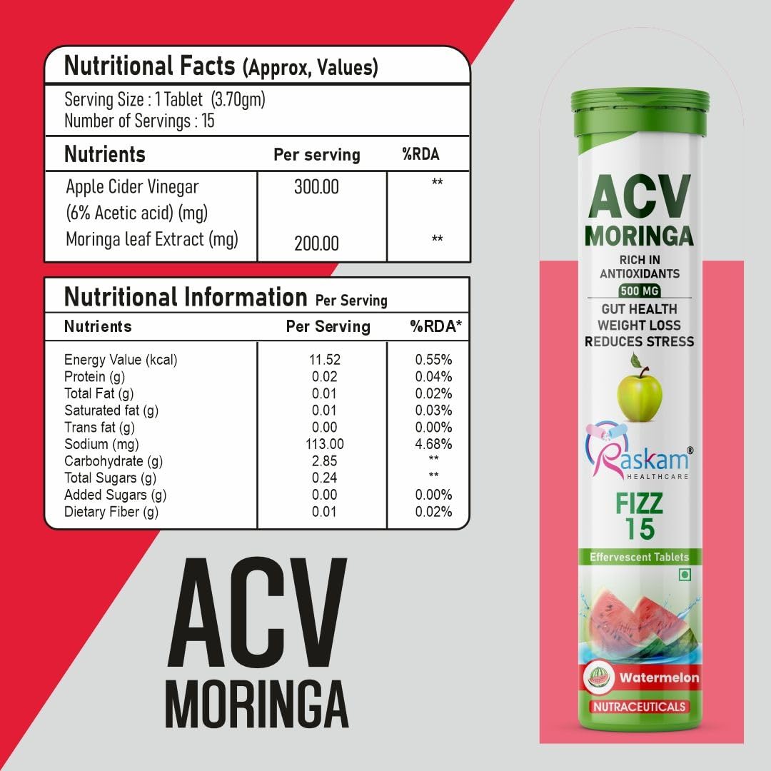 ACV Moringa 15 Effervescent Tablets 500mg Apple Cider Vinegar With No Added Sugar For Gut Health | Immunity Booster | Weight Loss | (Pack of 1, Refreshing Watermelon Flavour)