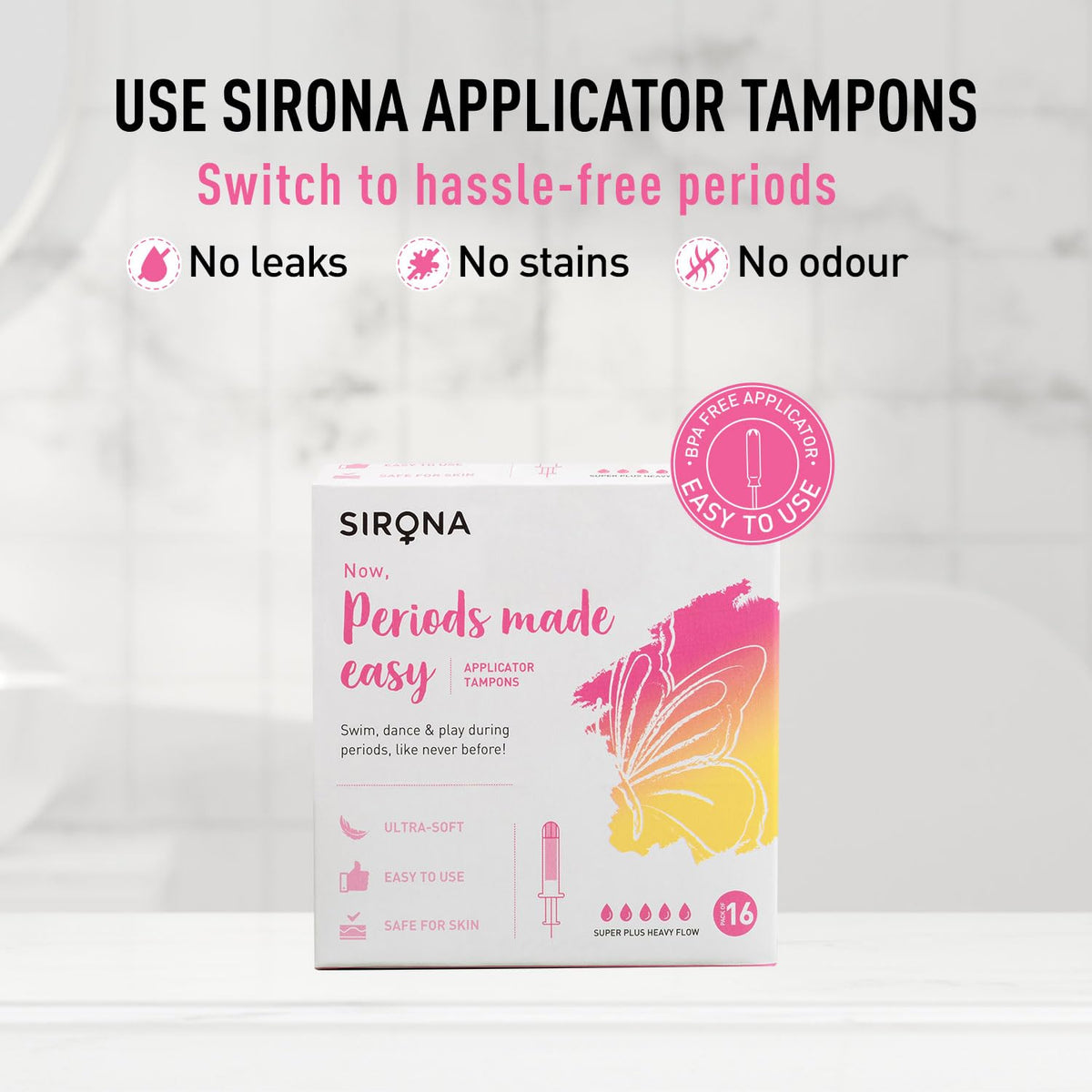Sirona applicator tampons packaging with promotional text on a light gray background