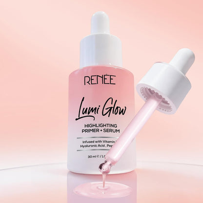 RENEE Lumi Glow Highlighting Primer + Serum | Hydrates, Promotes Even Skin Texture | Gives Luminous, 3D Glow | With Hyaluronic Acid, Peptides & Vitamin E | Base For Face Makeup | 30ml