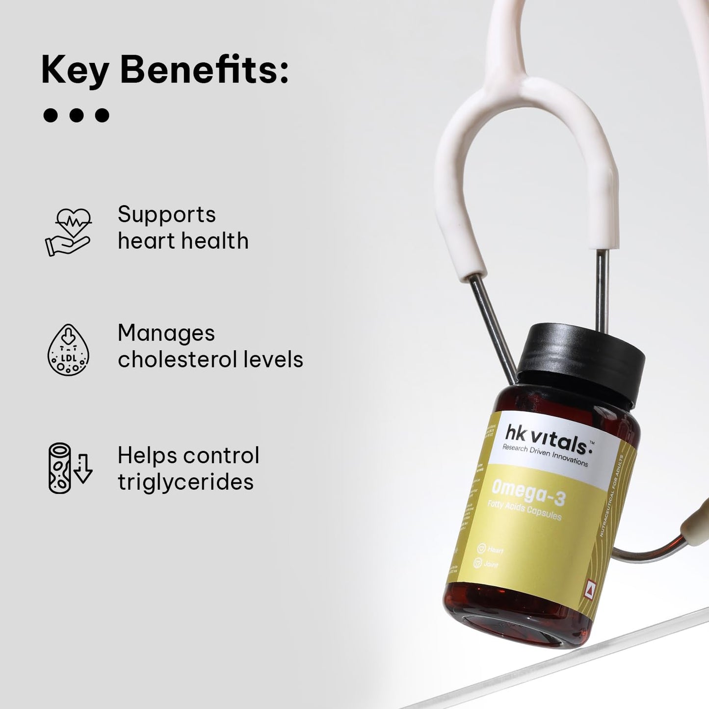Hk vitals Omega 3 (90 Fish Oil Capsules) | 1000mg Omega 3 with 180mg EPA & 120mg DHA | For Brain, Heart, Eyes, and Joints Health