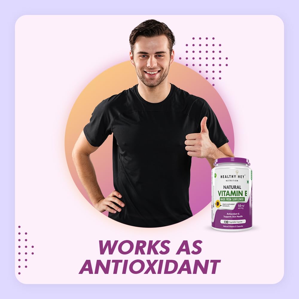 Man giving a thumbs up with a bottle of Natural Vitamin E supplement on a colorful background