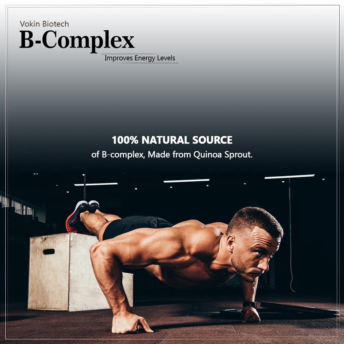 Man performing push-ups in a gym with Vokin Biotech B-Complex advertisement.