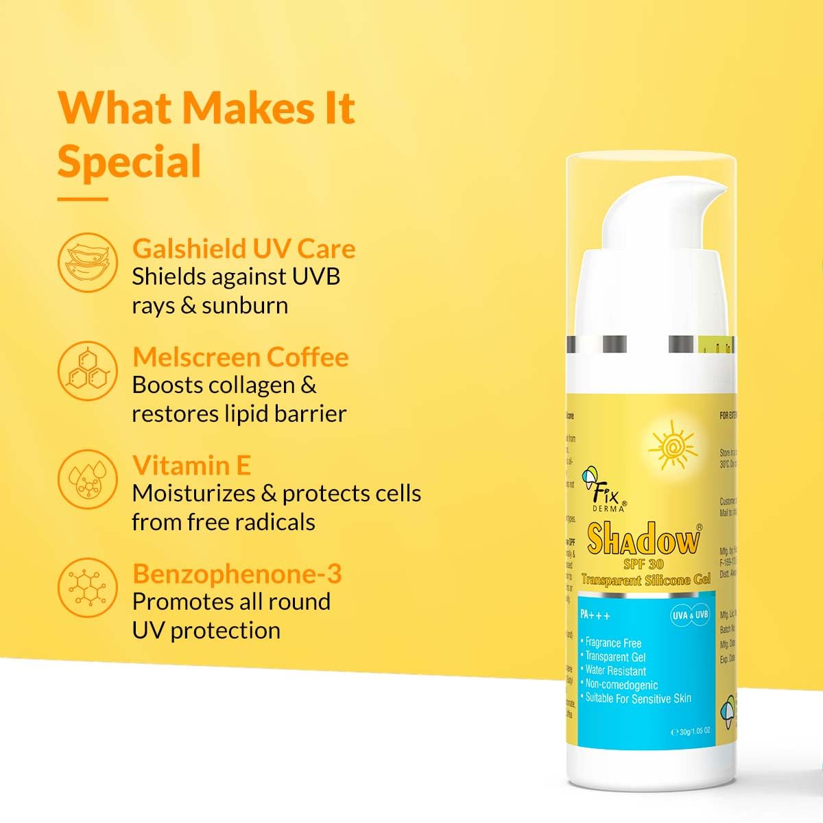 Fixderma Shadow Sunscreen SPF 30 PA+++ Transparent Silicone Gel | For Acne prone and Sensitive Skin | Light Weight, Oil-Free & Water Resistant | Non-Comedogenic Sunscreen | for Women & Men - 30gm