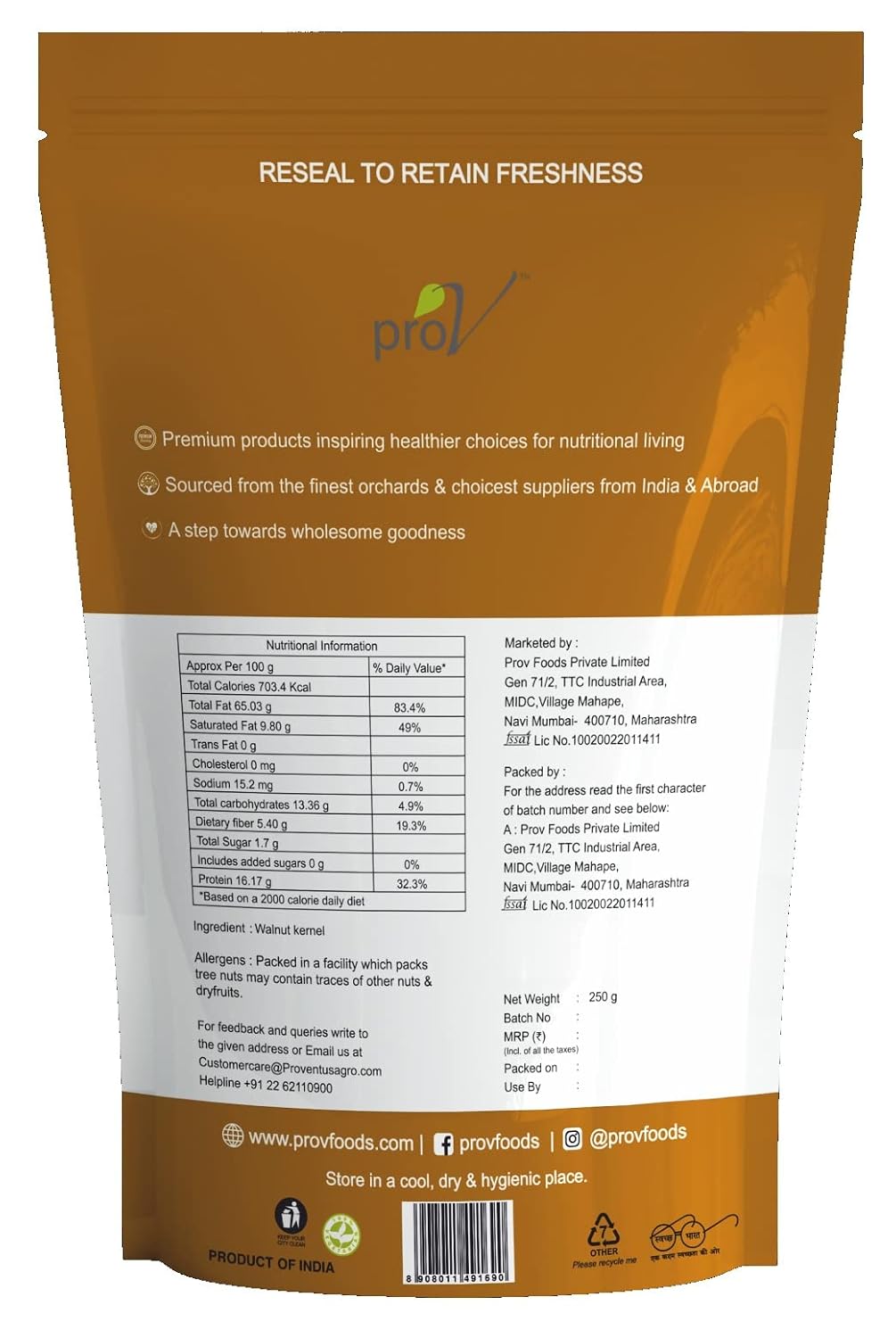 ProV Premium Extra Light Walnut Halves | 250g | Rich in Omega-3 | Crisp Fresh Kernels | Ideal for Baking & Snacking