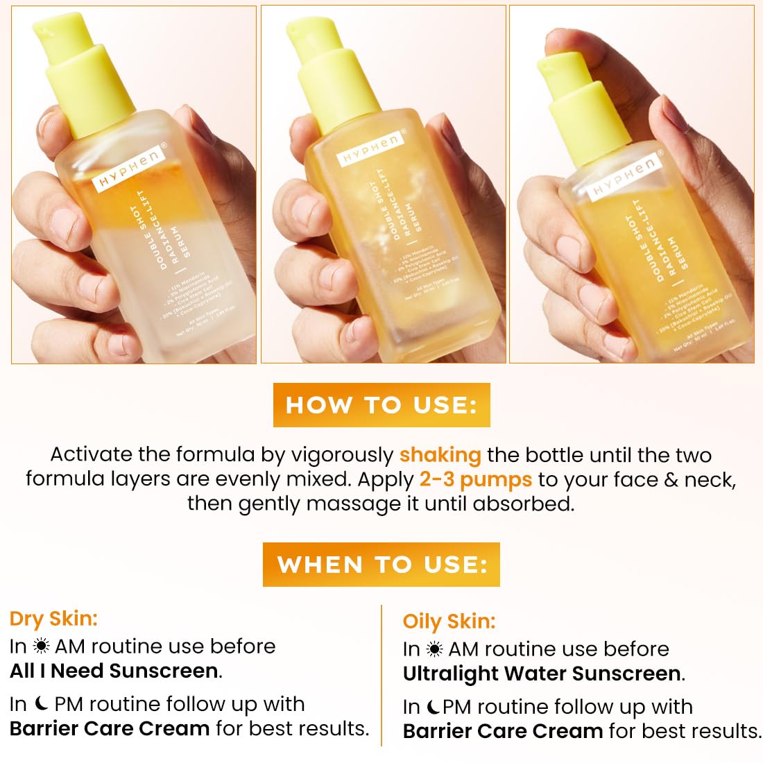 Three views of a skincare product bottle held by hands, with usage instructions below.