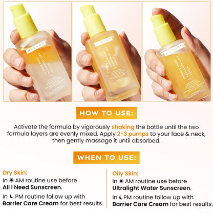 Three views of a skincare product bottle held by hands, with usage instructions below.