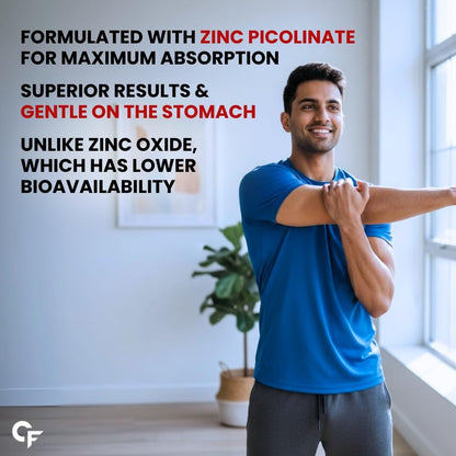 Man stretching in a bright room with text about zinc picolinate and its benefits.