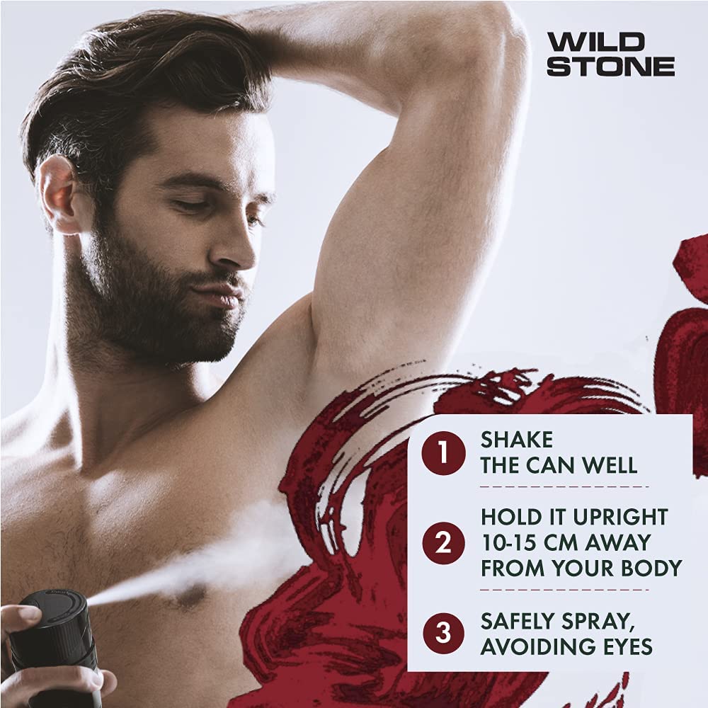 Man with a muscular arm holding a can, with 'Wild Stone' branding and product usage instructions.