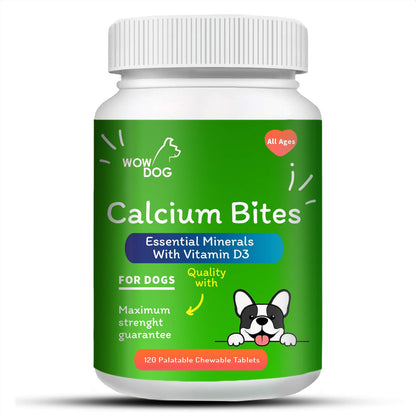 WOW DOG Chewable Calcium Tablet - Calcium for Dogs Supplement with Vitamin D3, B12, Magnesium & Zinc | Chicken Flavour - 120 Tablets