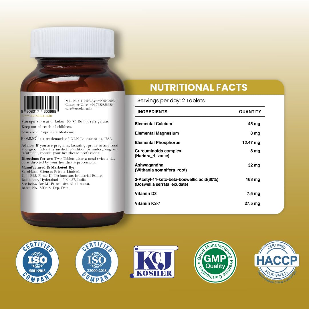 ZEROHARM Holo Arthritis - Enriched with Vitamin D3 & Vitamin K2-7 - Best Knee & Joint Support for Unisex - Supplements for Knee,Joints & Neck Pain Relief - 100% Absorbed By Body (60 Tablets),350 grams
