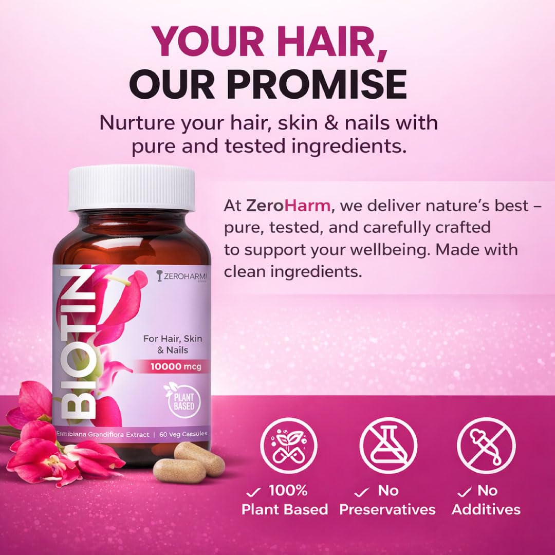 ZEROHARM Biotin Tablets for Hair Growth - 10000 mcg Vitamin B7 - Plant-Based Supplement Supports Hair Growth, Skin Hydration & Nail Strength For Men & Women - Sesbania Grandiflora - 60 Tablets