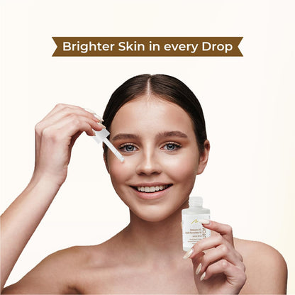 Woman applying skincare product with text 'Brighter Skin in every Drop' on a beige background