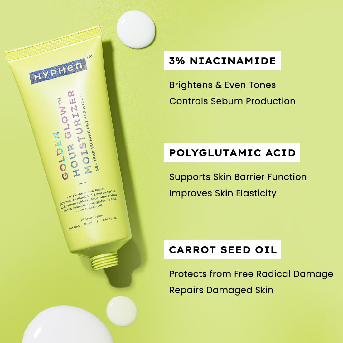 Skincare product with ingredients listed on a green background