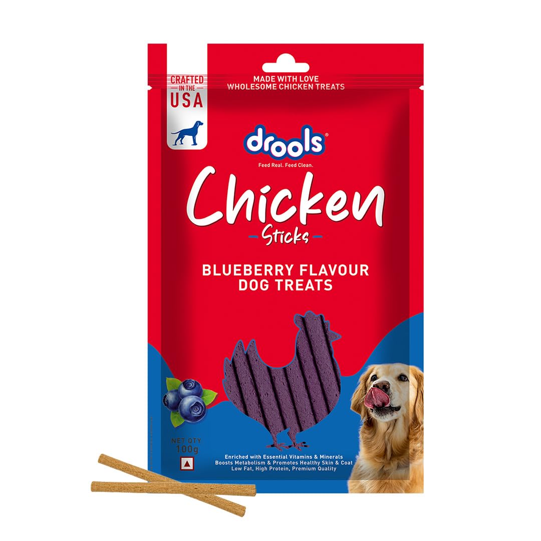 Drools Puppy & Adult Dog Treats Sticks 100g | Blueberry Flavour | Rich in Protein | No Artificial Preservatives | Best for Training & Bonding | Formulated in USA | Premium Treats