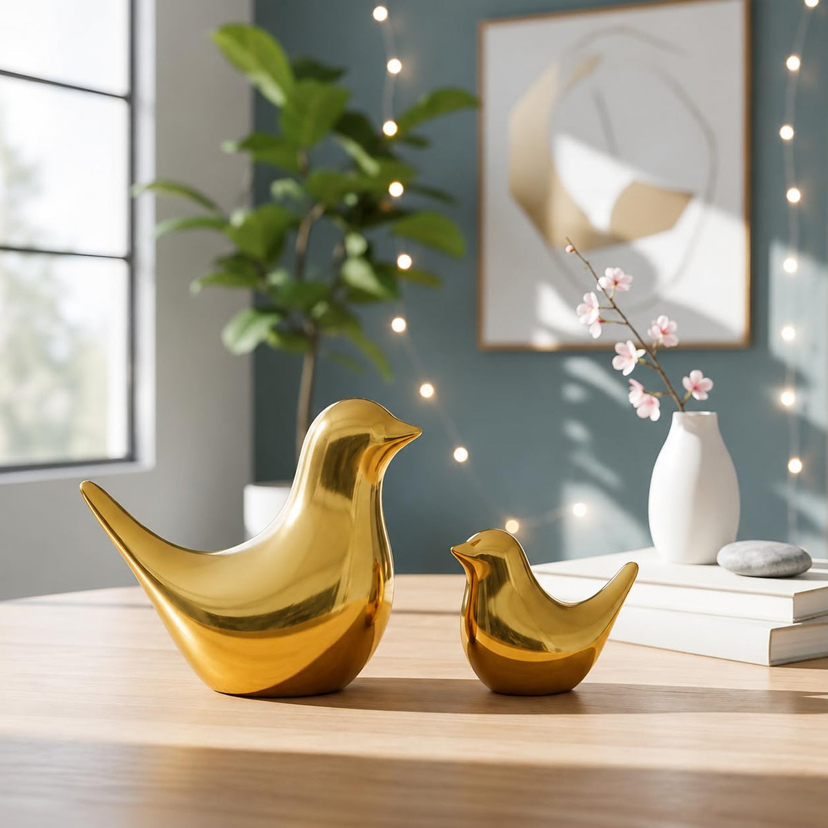 Ceramic Golden Blessing Birds Figurine for Home Decor | Living Room, Bedroom, Office Desk, Cabinets - (Pack of 2, Golden)
