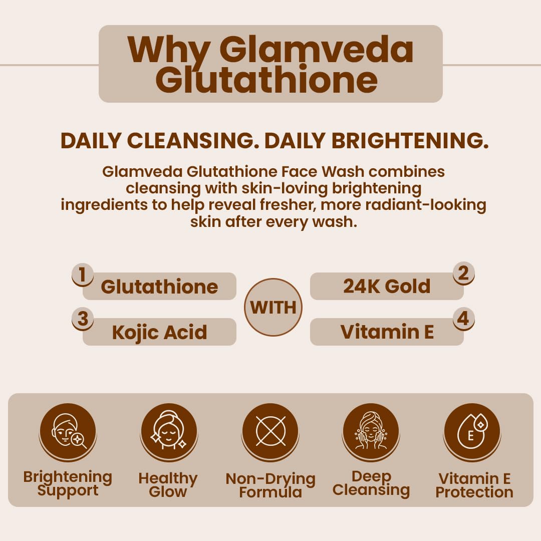 Glamveda Glutathione 24k Gold Face Wash Lightens skin tone, Dark spots & Hyperpigmentation | Glow Booster | For All Skin Types | SLS & Paraben Free 100 ml