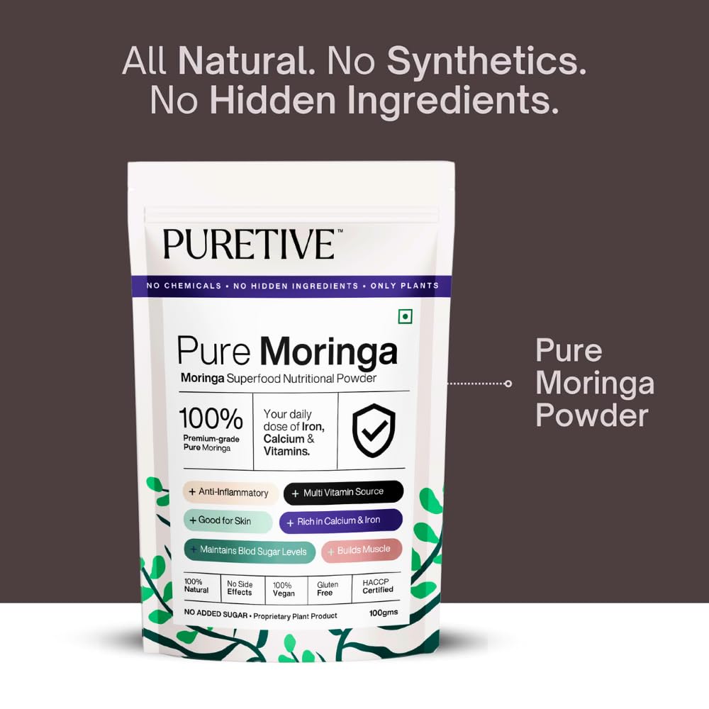 Pure Moringa powder package with branding and product details on a white background