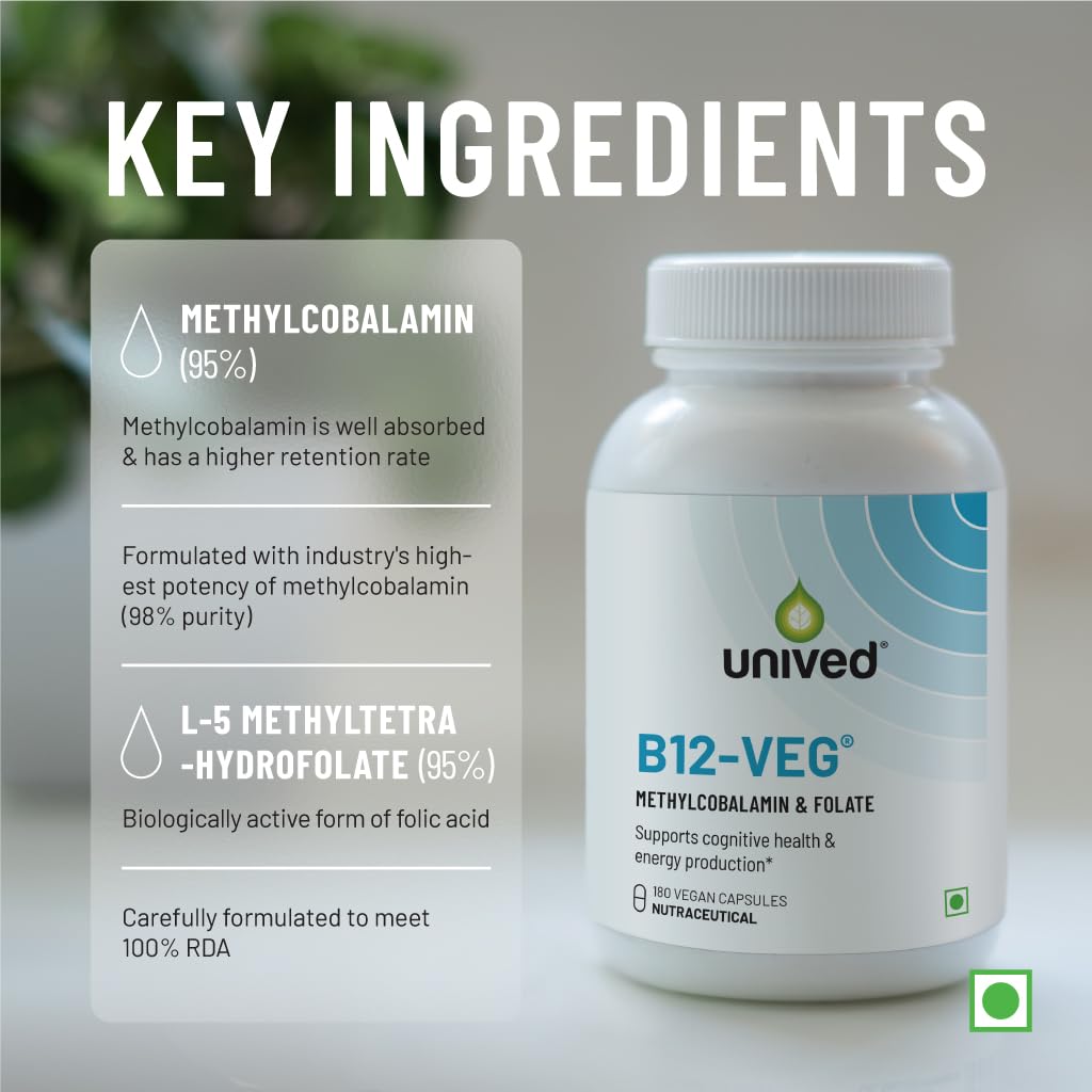 Zephivo Unived Vitamin B12 Veg, Methylcobalamin (98%), with Methyltetrahydrofolate (5-MTHF), Brain Cells & Nerve Tissue Support, 180 Vegan Capsules
