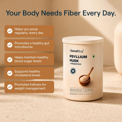 The Good Bug Psyllium Husk Powder with Prebiotics | 98% Pure Isabgol | 4.4 g Fibre Per Serving | Supports Constipation Relief, Gut Health, Weight Management & Healthy Blood Sugar