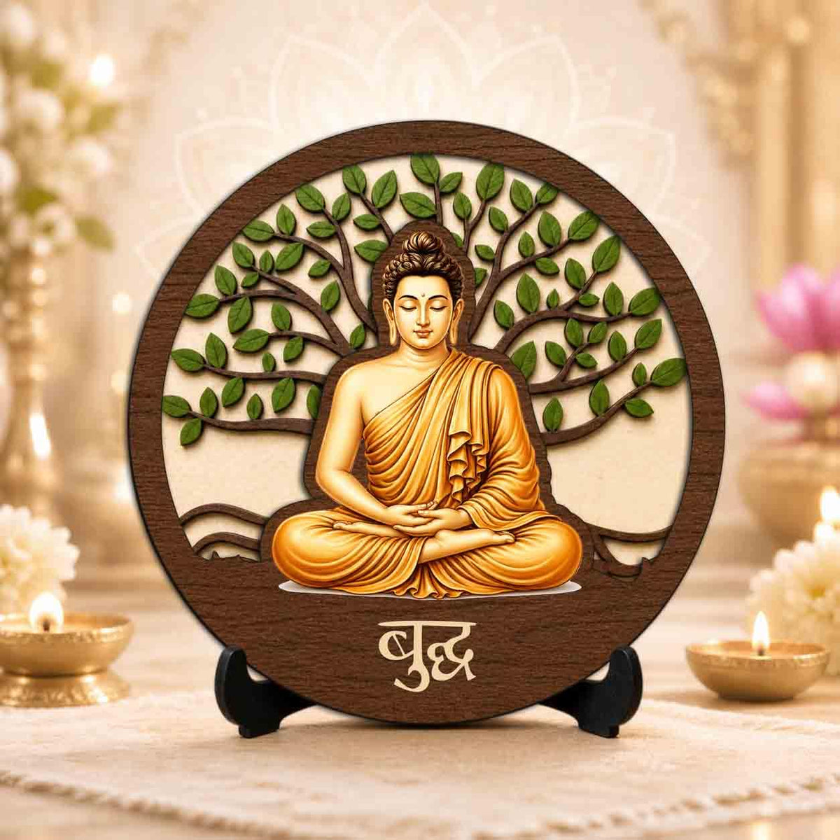 Plan To Gift Buddha Round Wooden Devotional Idol with Stand for Puja Room, Home Decor & Religious Gift - 5x5 Inch