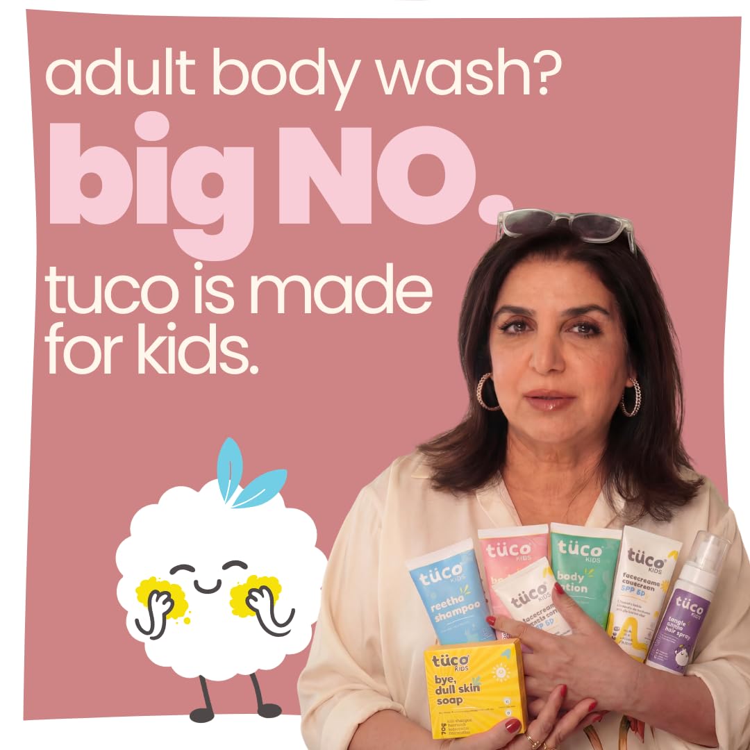 Woman holding tuco body wash products with text 'adult body wash? big NO. tuco is made for kids.' on a pink background.
