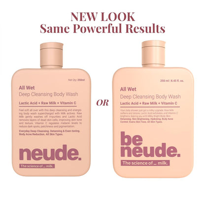 Be Neude All Wet 250ml De-Tan Body Wash with Milk, Lactic Acid, Vitamin C for Skin Brightening, Dark Spot & Pigmentation Reduction; Deep Cleansing Shower Gel Prevents Dryness & Body Acne for Men & Women