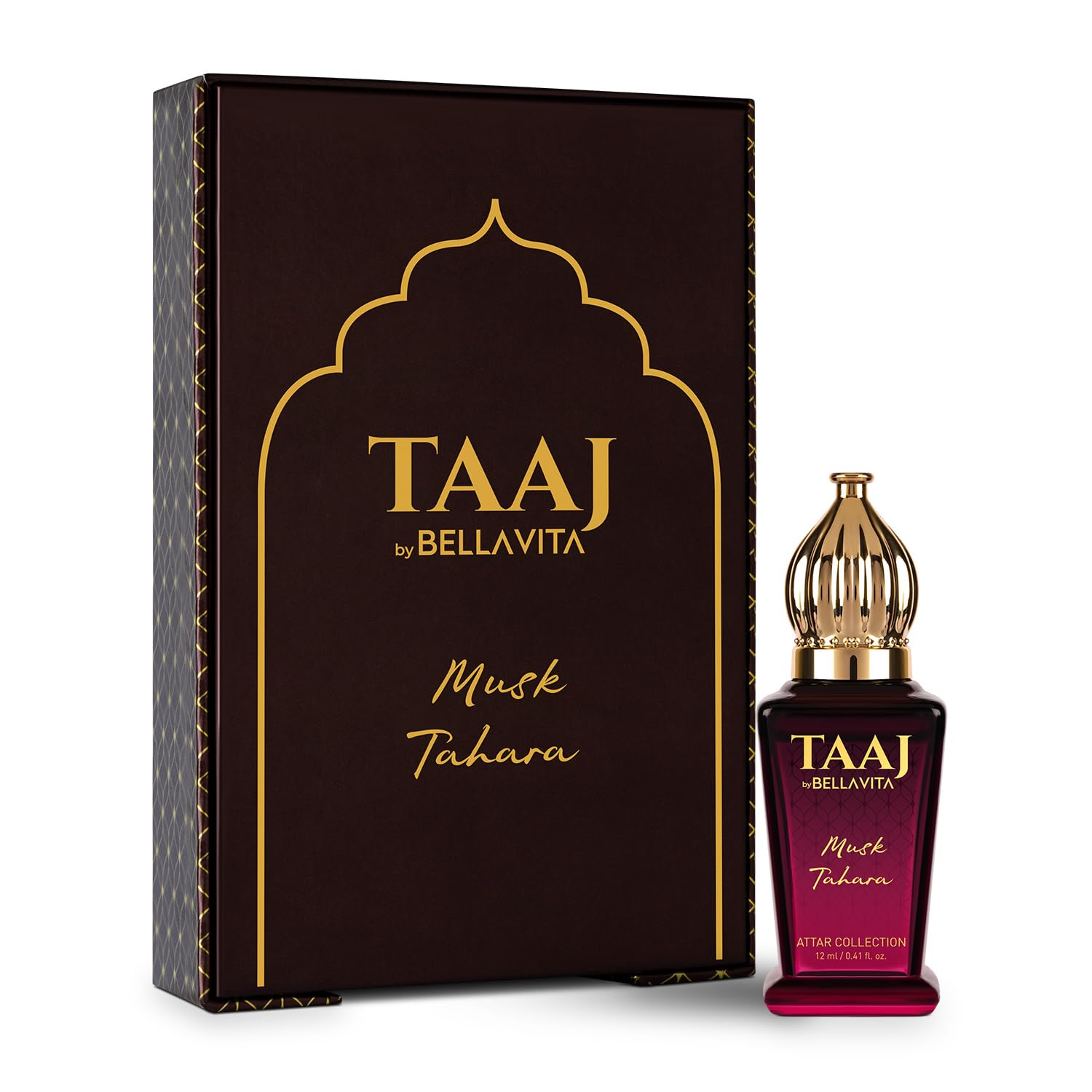 TAAJ by Bellavita Attar bottle and packaging on a white background