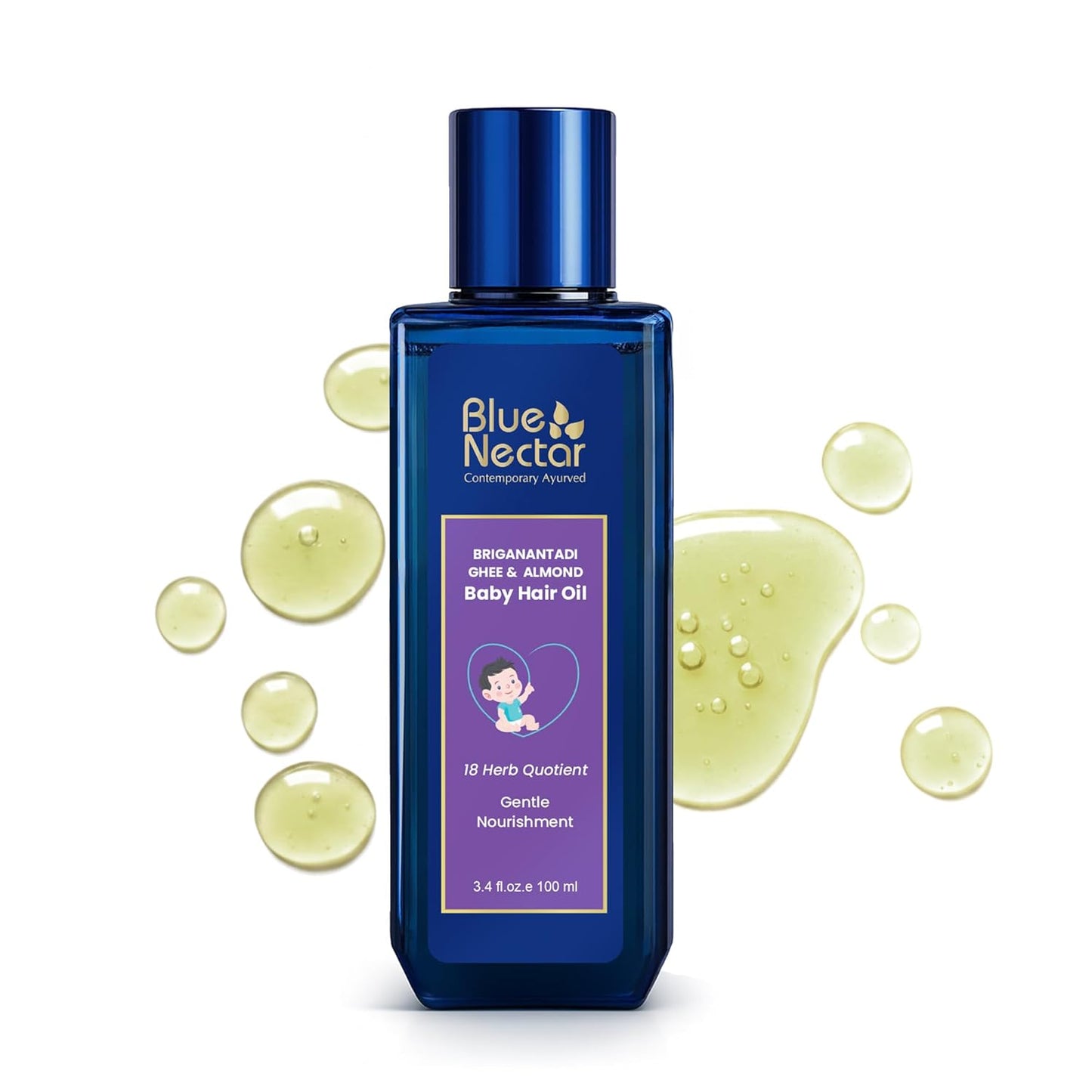 Blue Nectar Ayurvedic Baby Hair Oil with Ghee for Healthy Scalp. 100% Natural Baby Hair Growth Oil with Almond Oil and Olive Oil for Scalp Hydration and Nourishment (18 Herbs, 100 ml )