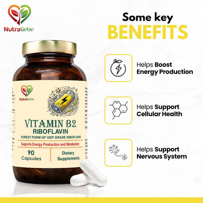 Nutraliebe Vitamin B2 Riboflavin - High Potency, Supports Energy Metabolism & Cellular Health, 90 Capsules