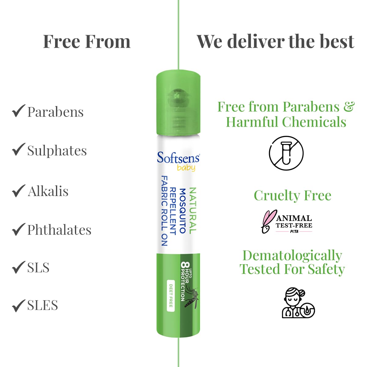 Softsens Baby Mosquito Repellent Fabric Roll-On 8ml each (Pack of 2) | Natural Plant-Based Protection | DEET-Free & Safe for Clothes | Up to 8 Hour Shield for Babies & Kids | Compact & Travel-Friendly | Non-Staining Formula
