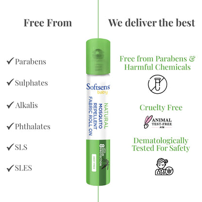 Softsens Baby Mosquito Repellent Fabric Roll-On 8ml each (Pack of 2) | Natural Plant-Based Protection | DEET-Free & Safe for Clothes | Up to 8 Hour Shield for Babies & Kids | Compact & Travel-Friendly | Non-Staining Formula