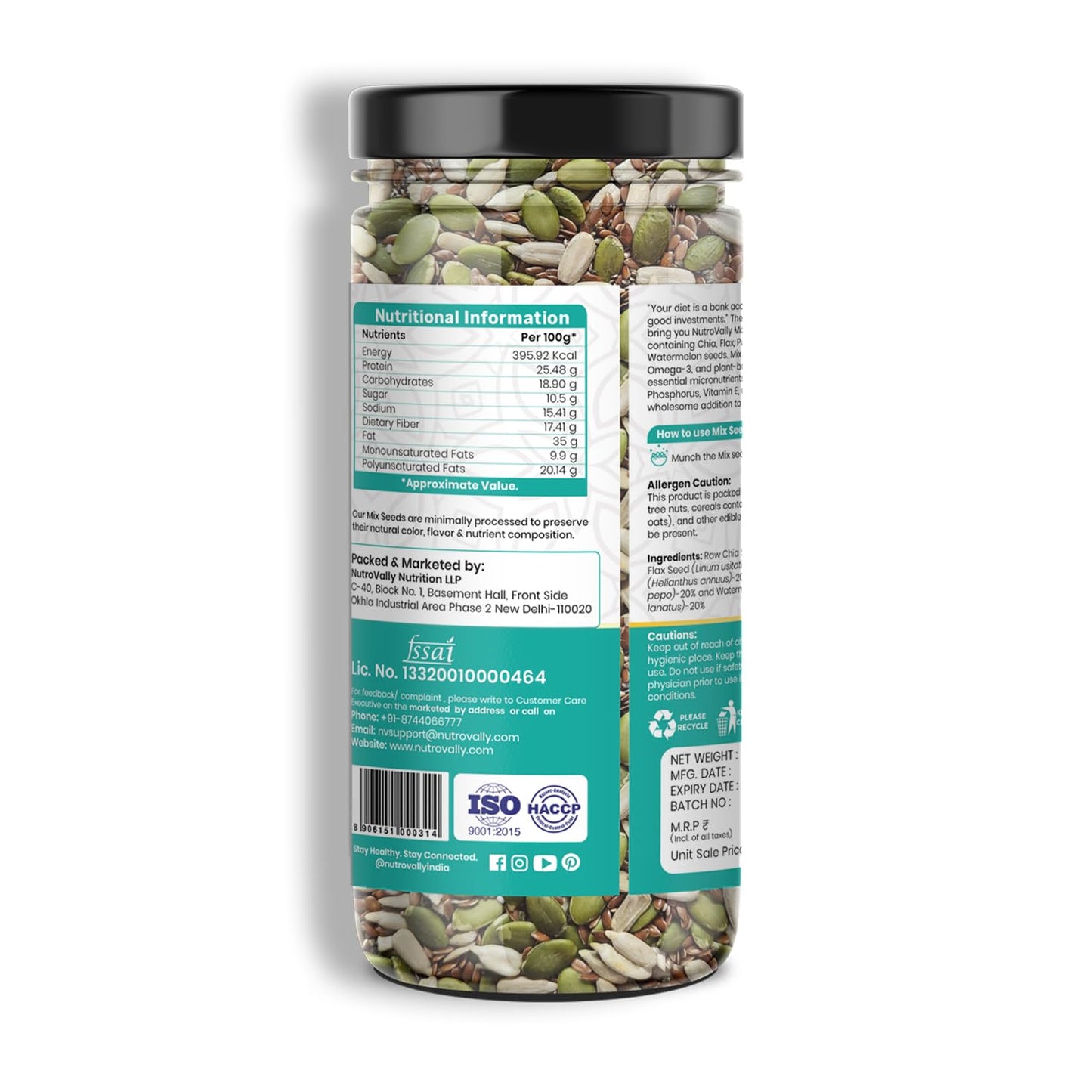 NutroVally Mix Seeds (200g) 5-in-1 Seeds Combo of Flax, Chia, Pumpkin, Watermelon & Sunflower Seeds | Superfood for Weight Management | Plant-Based Healthy Diet Snacks - Jar (200g)