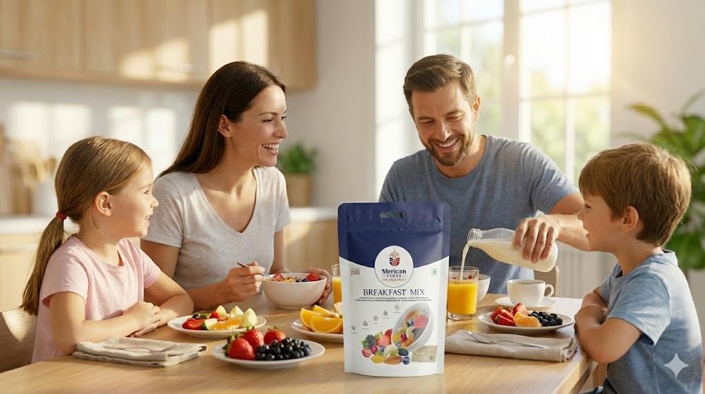 Merican Farms Breakfast Mix 250gm with Healthy Mixed Nuts with Dry Fruits, Premium Fiber SuperMix, Fresh and Perfectly Balanced Mix Dry Fruits Pack,Anytime Snacking Berries