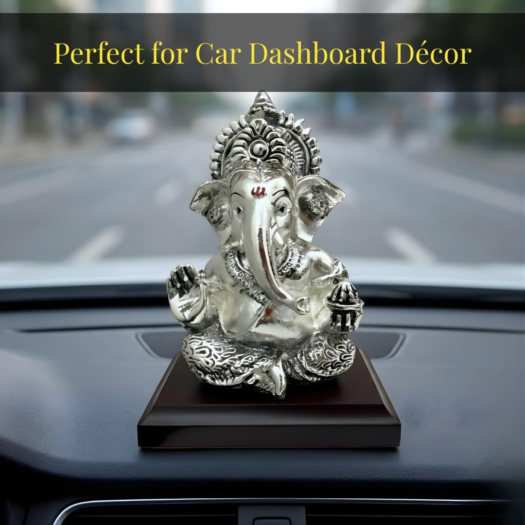 Dev Aastha 999 Silver Plated Lord Ganesha Idol Sitting with Intricate Detailing - Vighnaharta Showpiece for Prosperity and Good Fortune - Premium Anti-Tarnish Murti for Temple and Desk