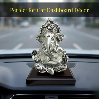Dev Aastha 999 Silver Plated Lord Ganesha Idol Sitting with Intricate Detailing - Vighnaharta Showpiece for Prosperity and Good Fortune - Premium Anti-Tarnish Murti for Temple and Desk