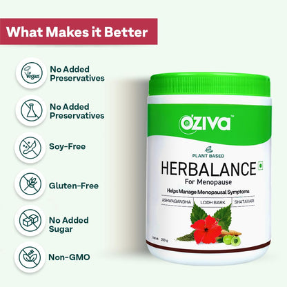 OZiva HerBalance Menopause Relief Drink, 250g (45 Days Pack) (With Black Cohosh, Lodh Bark & Licorice) for Better Hormonal Balance, Uterine & Vaginal Health, Certified