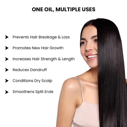 Woman with long, healthy hair next to a list of hair care benefits on a white background