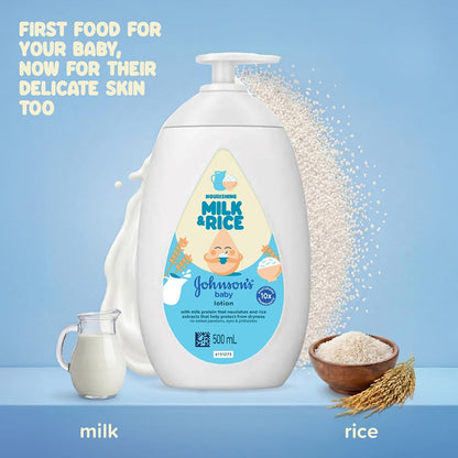 Johnson's Baby Milk & Rice Lotion 500ml | Moisturizes & Nourishes Sensitive Skin | With Milk Protein, Rice Extracts & Multivitamin Complex | Hypoallergenic, pH Balanced | No Parabens or Sulphates