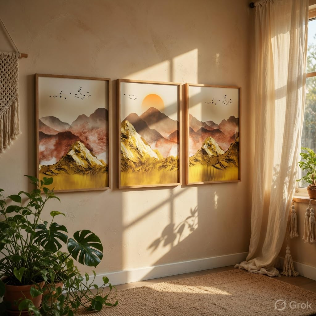 Golden Mountain Landscape Wall Painting Set of 3 with Wooden Frames | Abstract Sunrise Mountain Artwork HD Sparkle Laminated MDF Wall Decor | Modern Nature Wall Art for Living Room