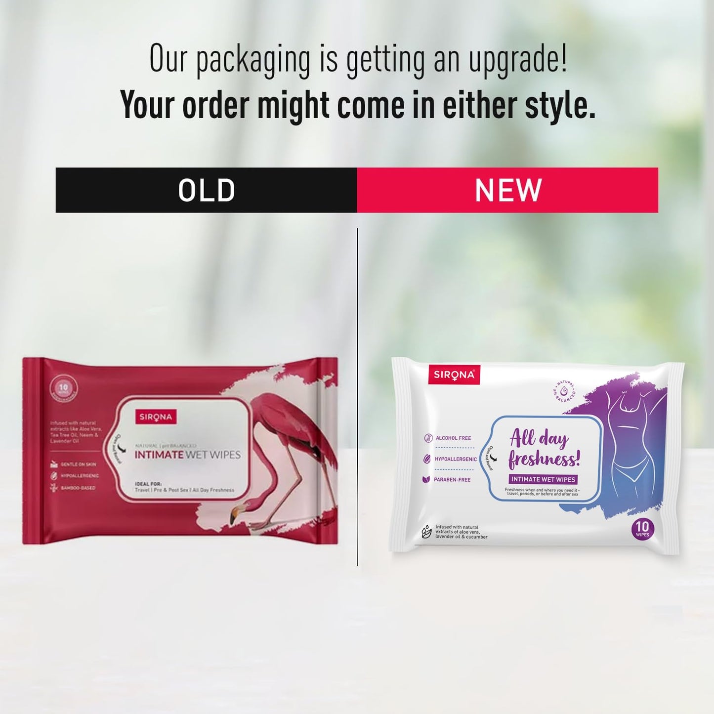 Comparison of old and new Sirona intimate wet wipes packaging on a white background.