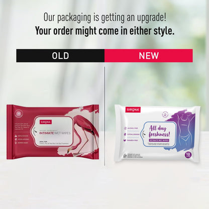 Comparison of old and new Sirona intimate wet wipes packaging on a white background.
