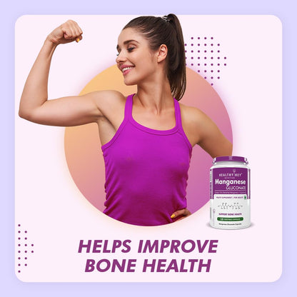 Woman flexing arm muscles with a supplement bottle labeled 'Manganese' on a light purple background